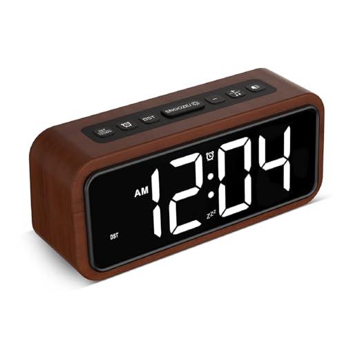 Netzu Wooden Alarm Clock, Loud Digital Plug-in Clock with 5 Volumes, 12 Ringtones, Manual DST, Snooze for Heavy Sleepers Bedroom Bedside Living Room Office Wood Decor