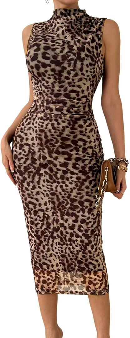 Milumia Women's Printed Mock Neck Bodycon Maxi Dress Sleeveless Mesh Long Dress Party Cocktail (Medium, Brown)