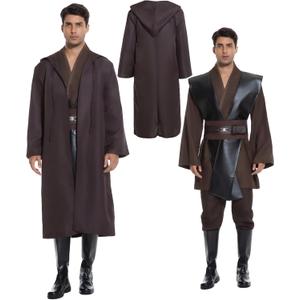 Men's Hooded Robe Tunic Cosplay Costume Knight Cloak Tunic Uniform Pants with Belt Full Set Halloween Outfits (XX-Large, Brown)