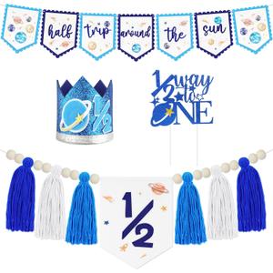 1/2 Birthday Half Trip Around the Sun Half Birthday Decorations - Banner Glitter Cake Topper Tassel Wood Bead High Chair Banner & Crown, Hat Halfway to One Baby Boy Girl Party Supplies (Planet Blue)