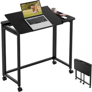 GreenForest Folding Desk with Wheels, 31.5 Inch Adjustable Tilt Drafting Table, Portable Rolling Foldable Desk for Small Space, Home Office, Drawing & Craft Workstation, Black