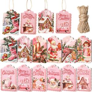 120 Pcs Pink Vintage Christmas Paper Gift Tags with String Winter Gift Hanging Paper Tags for Christmas Tree Winter Holiday Wish Labels