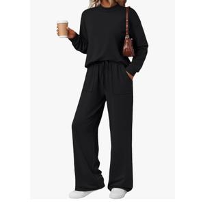 LILLUSORY Womens Two Piece Lounge Sets Mock Turtleneck Tops Wide Leg Drawstring Pants Sweatsuit with Pockets, M