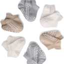 Anti Slip Low Cut Socks With Grips For Babies Infant Toddlers Kids Boys And Girls, Non Skid Ankle Socks (6-12 Months, Pack of 6, Biege)