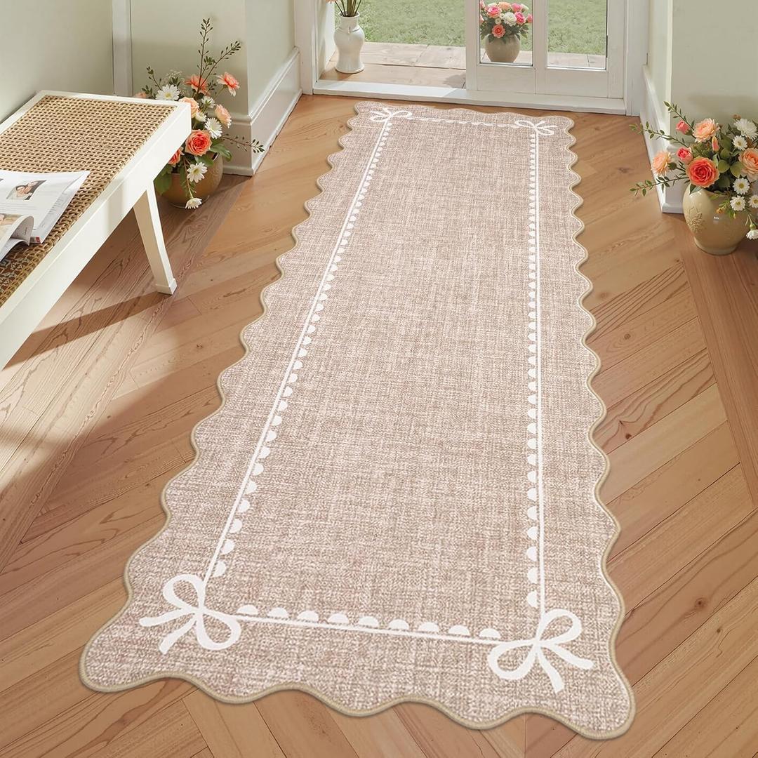 GarveeHome Scalloped Bow Rug for Living Room, Solid Camel Rug for Dorm, Washable Runner Rugs 2x6 Soft Low Pile Non Slip Scalloped Rugs for Nursery Bedroom Decor Hallway Entryway Playroom