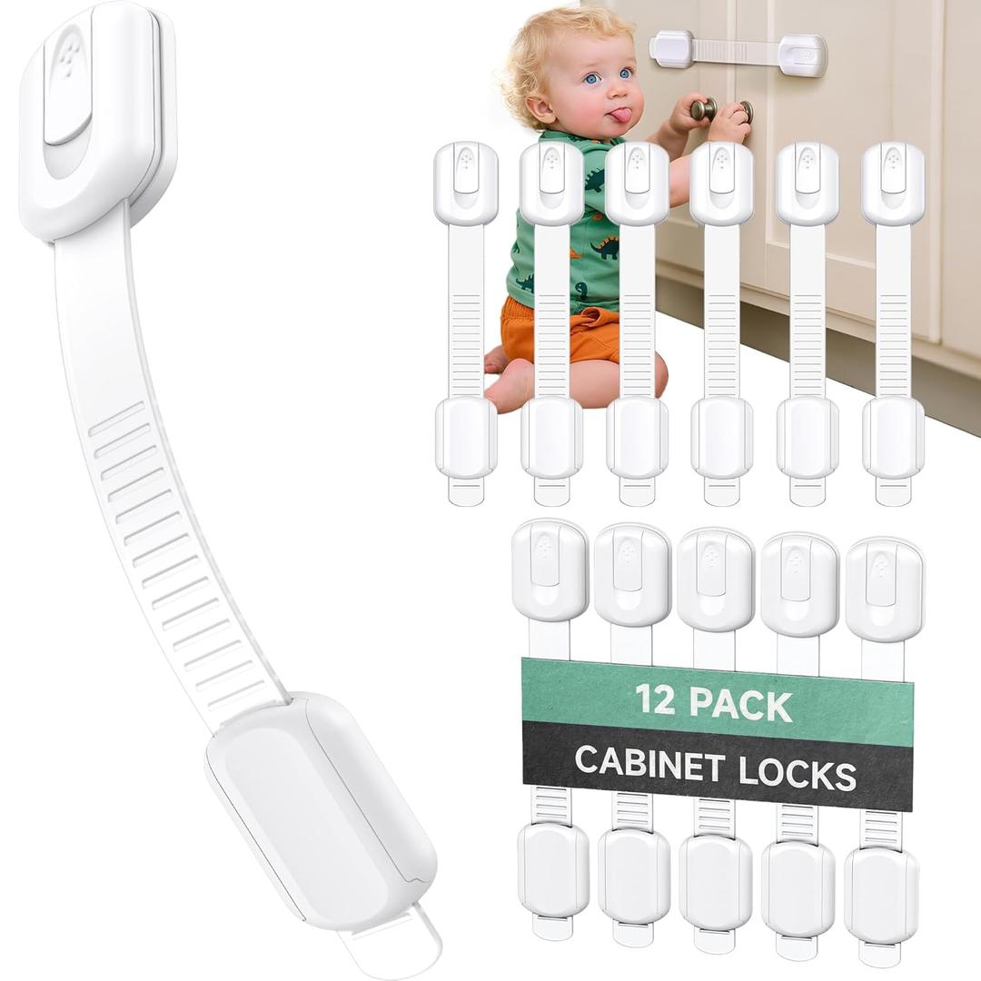 Infinno 12 Pack Cabinet Locks Baby Proofing Heavy Duty - Child Safety Cabinet Locks for Drawers, Cupboards & Fridge  No Drill 3M Adhesive Locks for Pets - Toddler Safety Latches (White)