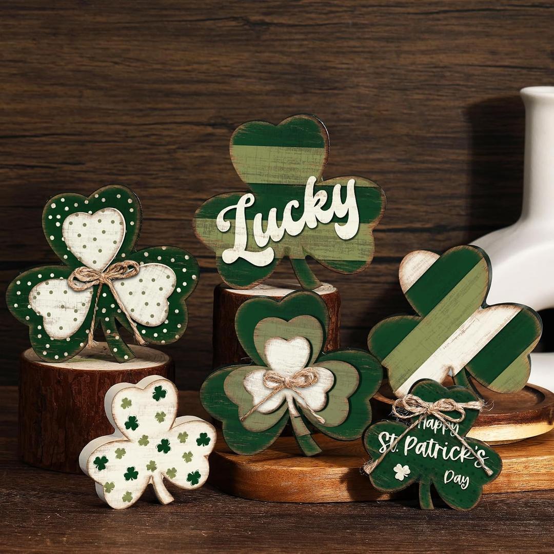 6 Pcs St. Patrick's Day Decorations Rustic Shamrock Wooden Sign Farmhouse Clover Wood Block Table Centerpiece Irish Tiered Tray Decor for Saint Patty's Day Home Office