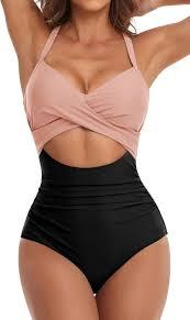 Eomenie Women's One Piece Swimsuits Tummy Control Cutout High Waisted Bathing Suit Wrap Tie Back 1 Piece Swimsuit, Size -Large, Black Pink