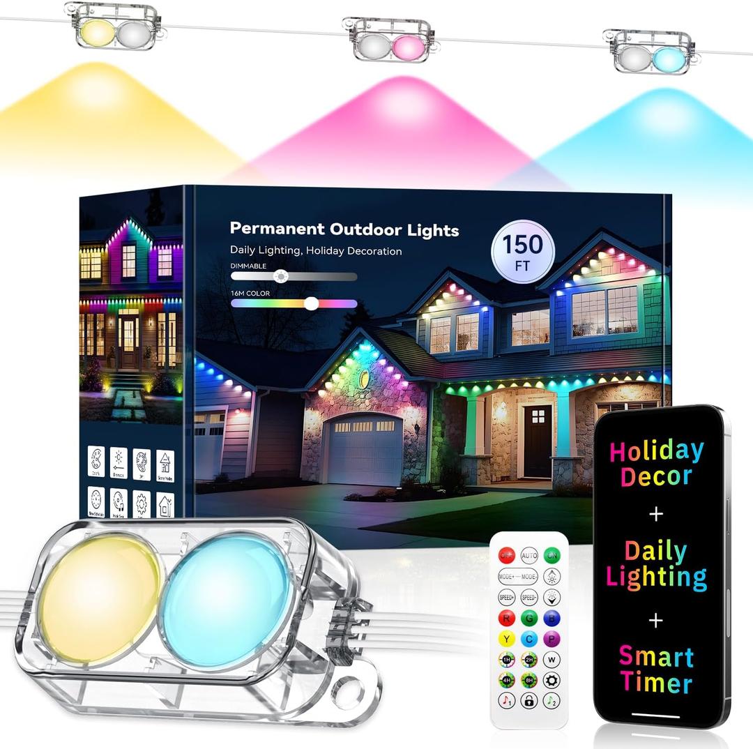 Permanent Outdoor Light Pro, 150FT with 75 IC+RGBCW LED, Dual Lens with Warm/Cool & Nature White for House Eave Lights for Halloween Christmas Daily Decor, Waterproof for All Year Round
