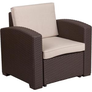 Flash Furniture Seneca Chocolate Brown Faux Rattan Chair with All-Weather Beige Cushion