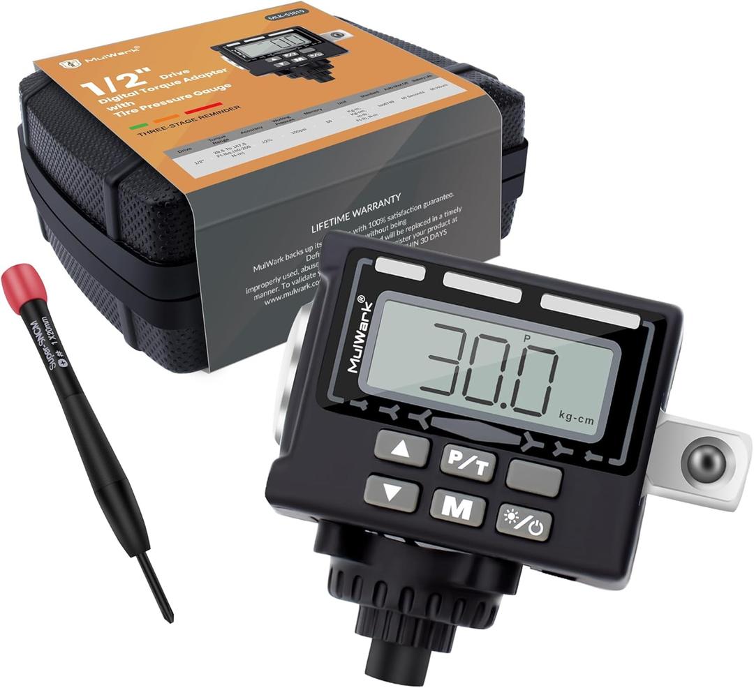 MULWARK 1/2" 3 Color Visual Signal Digital Torque Adapter with Tire Pressure Gauge - Calibrate Digital Torque Wrench Adapter with LCD Backlight (7.4 to 147.5 ft-lbs)