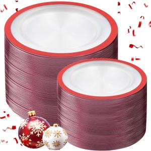 U-QE 200PCS Red Plastic Plates - Christmas Plastic Plates Disposable Heavy Duty - Fancy Disposable Plate Include 100 10" Dinner and 100 7" Dessert Platos for Party, Christmas & Wedding