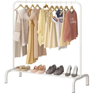 JIUYOTREE Metal Clothing Rack, 43.3 Inches Clothes Garment Coat Rack with Bottom Shelf for Hanging Skirts, Shirts, Sweaters, White (43.3"W x 15.75"D x 61"H without wheels)