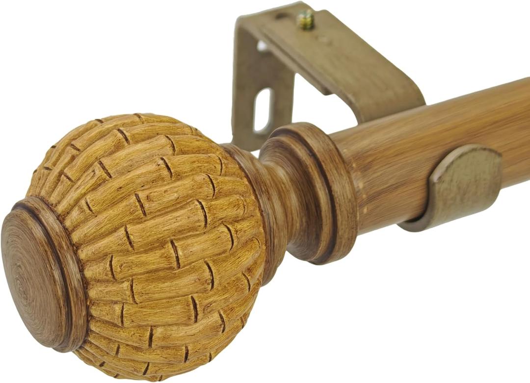 Wood Curtain Rods for Windows 68-140 Inch, 1 Inch Heavy Duty Boho Decorative Curtain Rod with Bamboo/Rattan Ball Finials, Adjustable Single Rod Telescoping Window Drapery Rods for Farmhouse