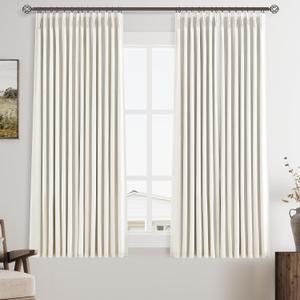 Natural Linen Curtains Short Pinch Pleat for Small Window Kitchen Curtain 45 Inch Length 100% Blackout Pinch Pleated Back Tab Boho Farmhouse Double Layer Thermal Drapes for Cafe Cream 2 Panels