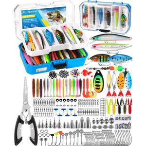 PLUSINNO Fishing Tackle Box with Tackle Included, 373PCS Fishing Lures Kit with Removable Tray, Fishing Gear with Pliers, Weights, Hooks, Accessories, Fishing Tackle Lure Kit Gifts for Men Bass Trout