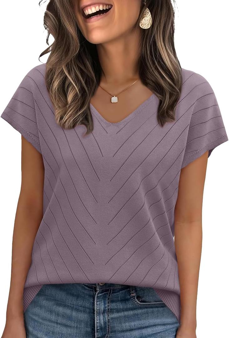 WIHOLL Short Sleeve Sweater for Women V Neck Trendy Summer Tops 2026 Beach Vacation Clothes Travel Business Casual Outfits (Large, Purple)