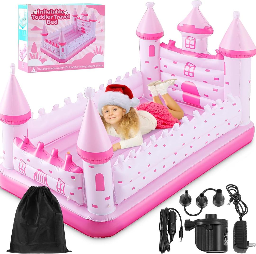 Pink Castle Inflatable Kids Bed, Toddler Travel Bed with Safety Bumper and Air Mattress Portable Air Mattress with Pump for Vacation Hotel Home Sleepover Kids Gift for Birthday Christmas