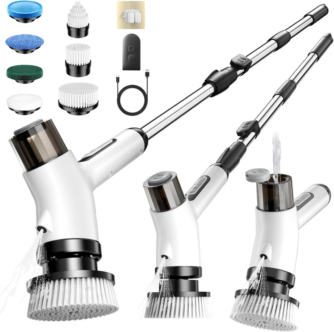 Electric Spin Scrubber,Cordless 2 Speeds Shower Scrubber with Foam &Remote Control,IPX7 Waterproof Adjustable Electric Scrubber for Cleaning with 7 Replaceable Brush for Bathroom Kitchen Car