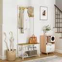 Hall Tree with Bench and Shoe Storage, 3-in-1 Coat Rack Shoe Bench, Freestanding Wooden Coat Rack with Metal Frame, 3-Tier Storage Shelf and 9 Removable Hooks, White/Walnut