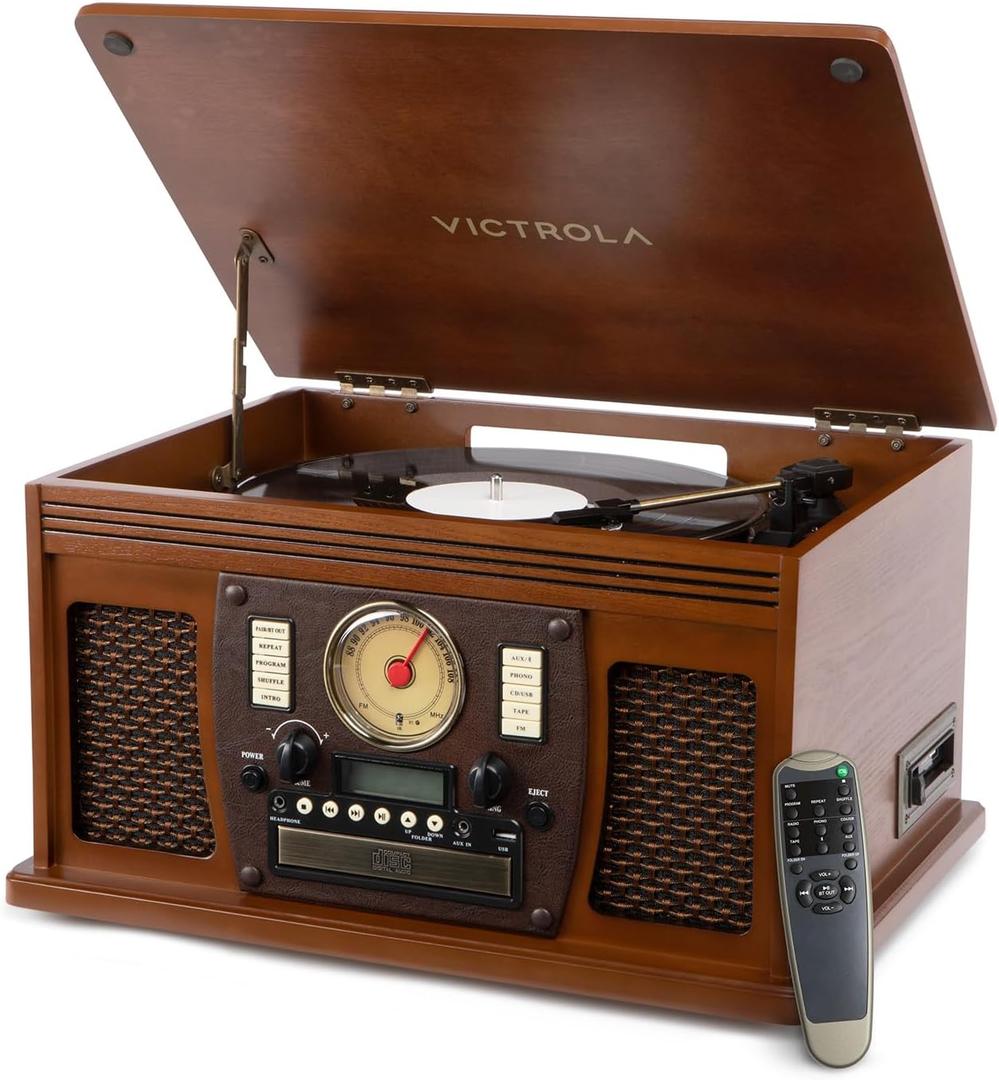 Victrola Navigator 8-in-1 Bluetooth Record Player with Built-in Speakers  3 Speed, CD Player, Cassette, FM Radio, USB, RCA Out, Headphone Jack, Wireless Music Streaming, Real Wood (Walnut)