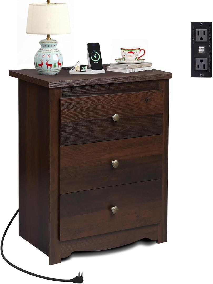 WLIVE Tall Nightstand with Charging Station, Wood Night Stand with 3 Drawers Storage, Bedside Table End Side Tables with 2 USB Ports and Outlets for Bedroom, Closet, Espresso, 15.59"D x 22.99"W x 29.06"H