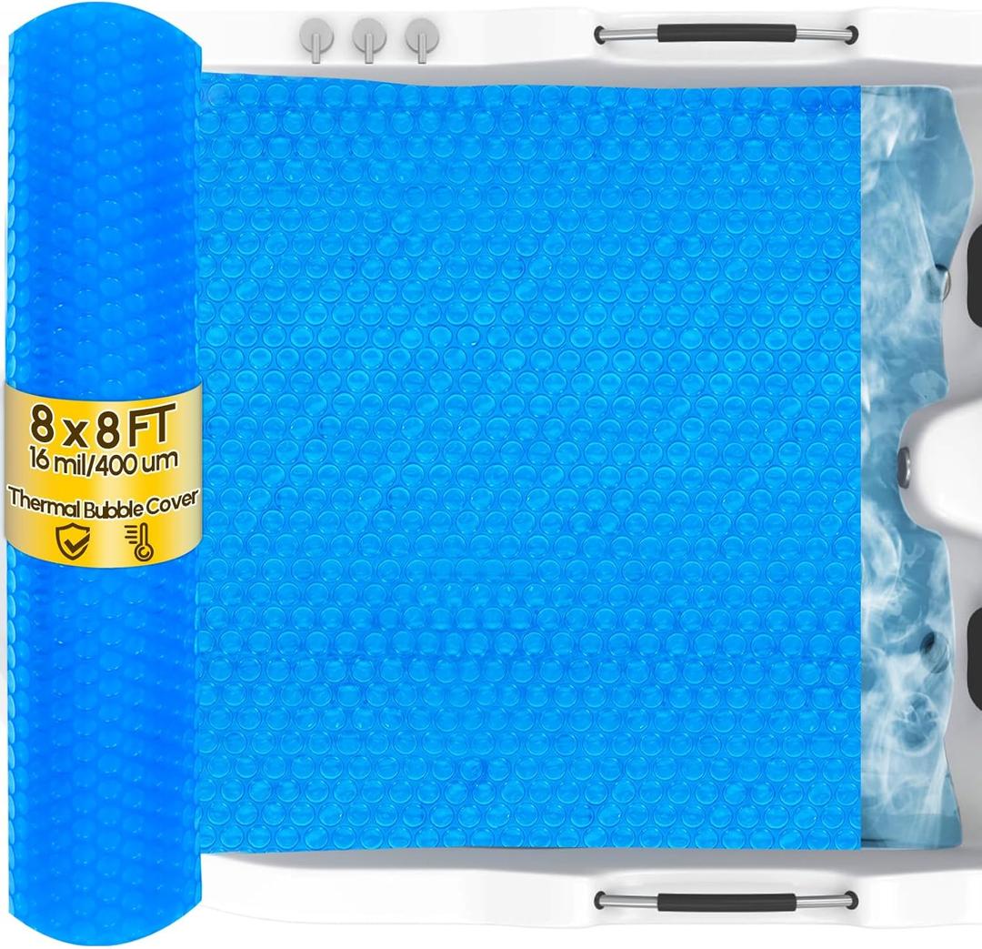 8x8FT Hot Tub Thermal Blanket - 16 Mil Hot Tub Bubble Cover, Thermal Solar Blanket for Insulating Square Inflatable Spas, Hot Tub Pools(244x244cm)