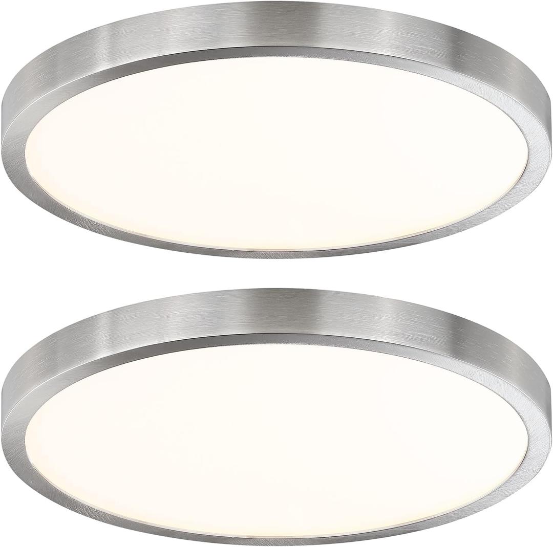 14 Inch Flush Mount LED Ceiling Light Fixture, Slim Dimmable Flush Mount Light for Kitchen, Metal and Glass Modern Ceiling Light for Low Ceiling, Bedroom, Laundry, Brushed Nickel, 26W, 3000K, 2 Pack