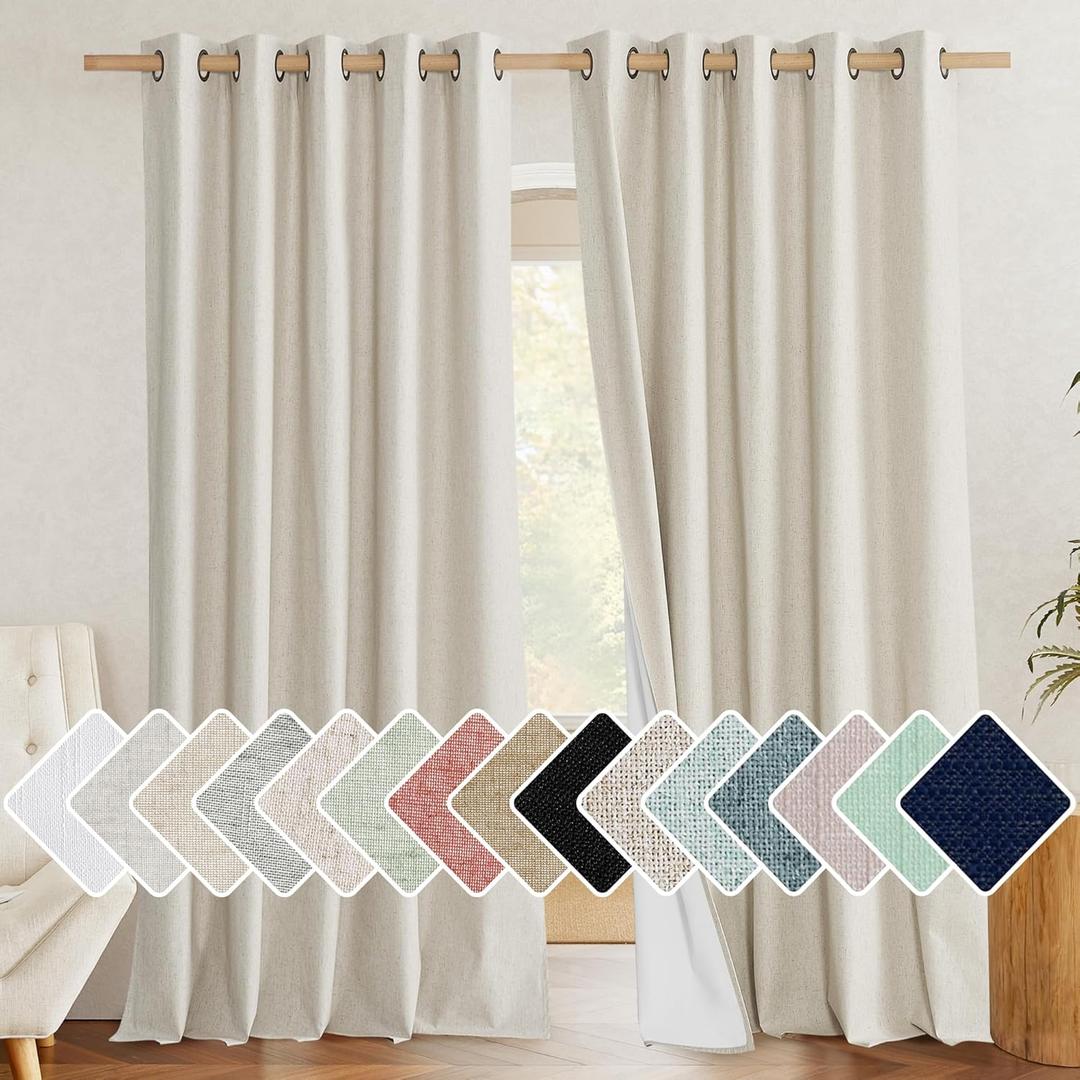 NICETOWN 100% Blackout Natural Linen Curtains 95 inches Length for Dining Room, 2 Panels Set, 62" Wide, Farmhouse Style Room Cooling Window Draperies with Thermal Insulated Liners