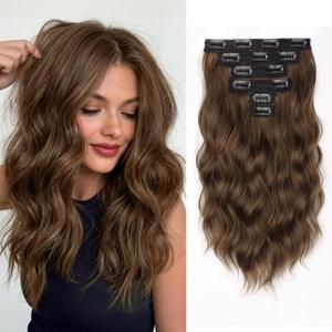 KooKaStyle Short Hair Extensions 6PCS 14 Inch Wavy Curly Hairpieces Synthetic Soft Lace Weft Clip in Hair Extensions-Rich Medium Brown for Women