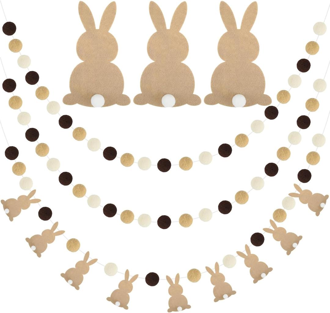 Boao 3 Pcs Easter Bunny Felt Banner with String 8 Pom Pom Balls Banner with Felt Bunny Farmhouse Easter Tree Decorations for Mantle, Indoor Holiday Birthday Party Supplies(Brown Color)