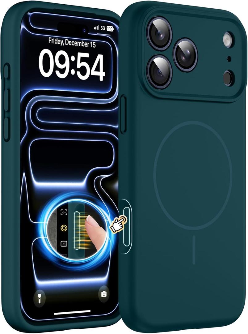 Magnetic for iPhone 17 Pro Max Case, Compatible with MagSafe, Integrated Silicone Camera Control Cover Protection, 3.0mm Thicken Silicone Phone Cover for 17 ProMax 6.9", Blackish Green