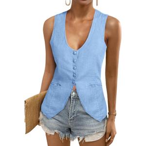 Tankaneo Womens Scoop Neck Blazer Vest Summer Linen Sleeveless Fitted Waistcoat Work Casual Cotton Suit Tops, 2XL