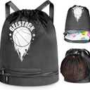 Geestock Drawstring Backpack Gym Bags Swim Bag with Shoes Compartment and Wet Pocket, with Single Mesh Ball Bag for Soccer, Basketball, Volleyball, String Backpack Beach Bags for Sport, Gym, Black