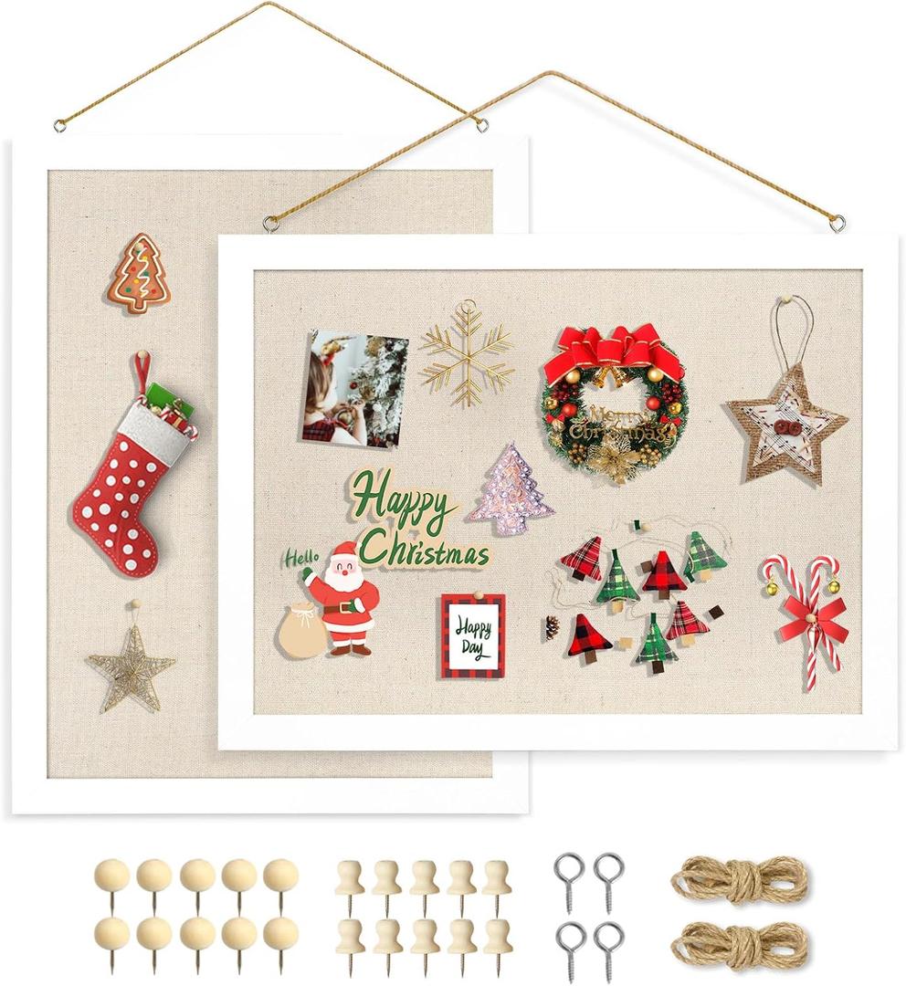 2-Pack Double-Sided Cork Board with Linen, 16" x 12" Hanging Wood Framed Bulletin Board, Picture Display Vision Board Kit Corkboards for Wall School Office Decor, 20 Pushpins (Vintage White)