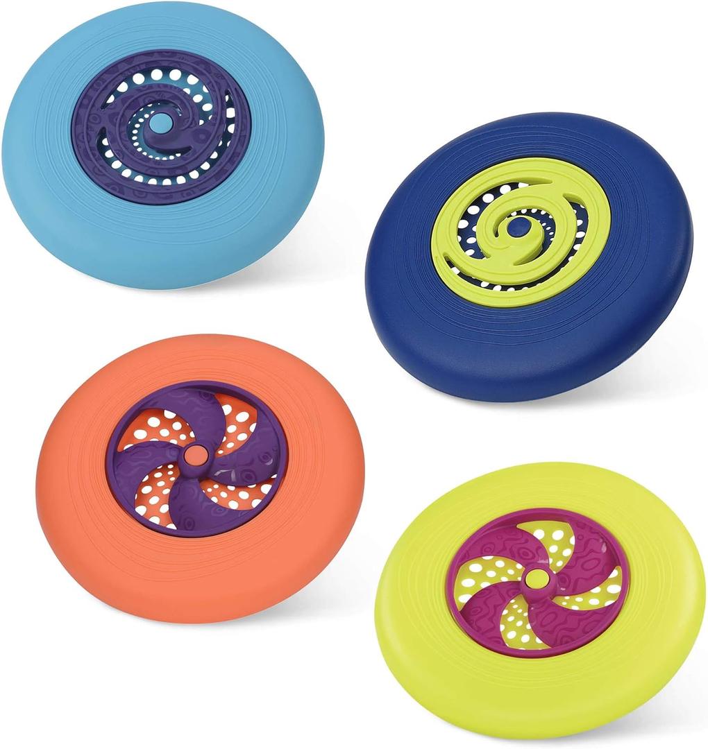 B. toys  Flying Disc Set  4 Colorful Flying Discs  Outdoor Sports & Games for Kids  Disc Set for Backyard, Park, Beach  Ages 4+  Disc-Oh!