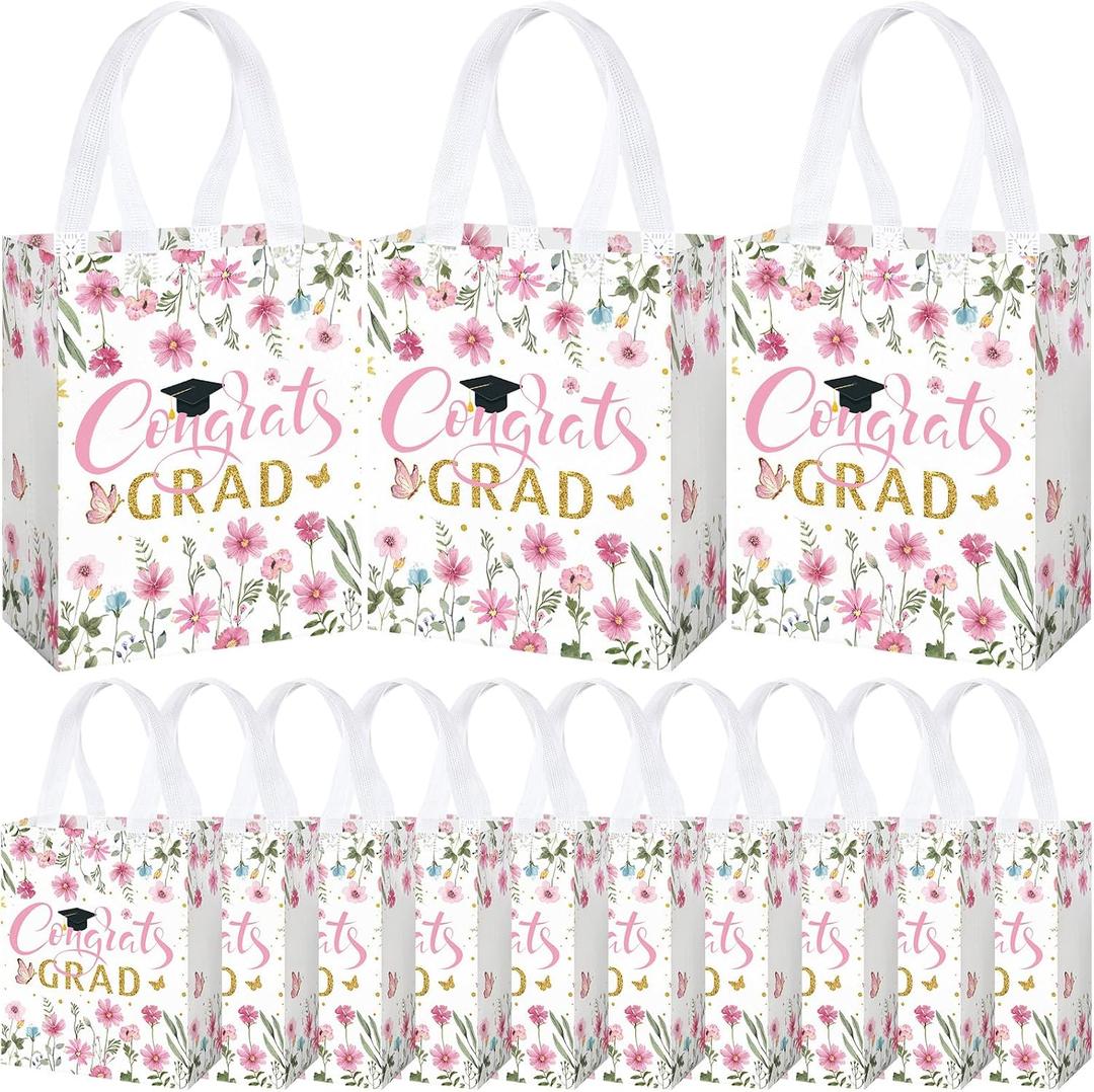 Supervitae 24 Pack Pink Graduation Floral Gift Bags Medium Congrats Grad Wildflower Party Favor Bags Reusable Totes Non Woven Goodie Totes for High Graduation Grad Family Travel(9.8" x 7.9" x 3.9")