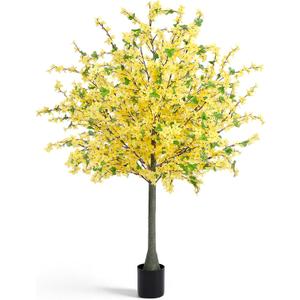 Thiccywoov 1 Pack 4FT Yellow Artificial Forsythia Tree, Faux Spring Forsythia Flower Branches Plant with Pot, Lifelike Fake Tree for Living Room Corner, Entryway, Porch Indoor Outdoor Decor
