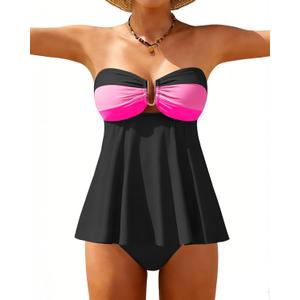 XUNYU Strapless Tankini Swimsuits for Women 2 Piece High Waisted Tummy Control Bathing Suit Bandeau Full Coverage Swimwear (Large, Black Pink Bikini Sets)