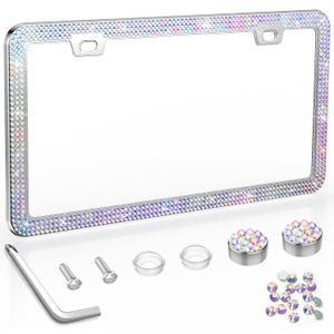 SHARE&CARE Bling License Plate Frame, Crystal License Plate Cover, Car License Plate Holder with Rhinestone Crystal Diamond Screw Set - 1 Pack (AB Color 1)