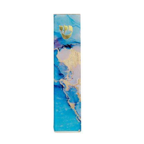 Rite Lite Blue Marble Art Glass Mezuzah Cover Handcrafted with Gold Accents, Elegant Home Decor, Easy Mounting Tape for Hanging on Door or Wall, Sophisticated Decoration for Your Entryway