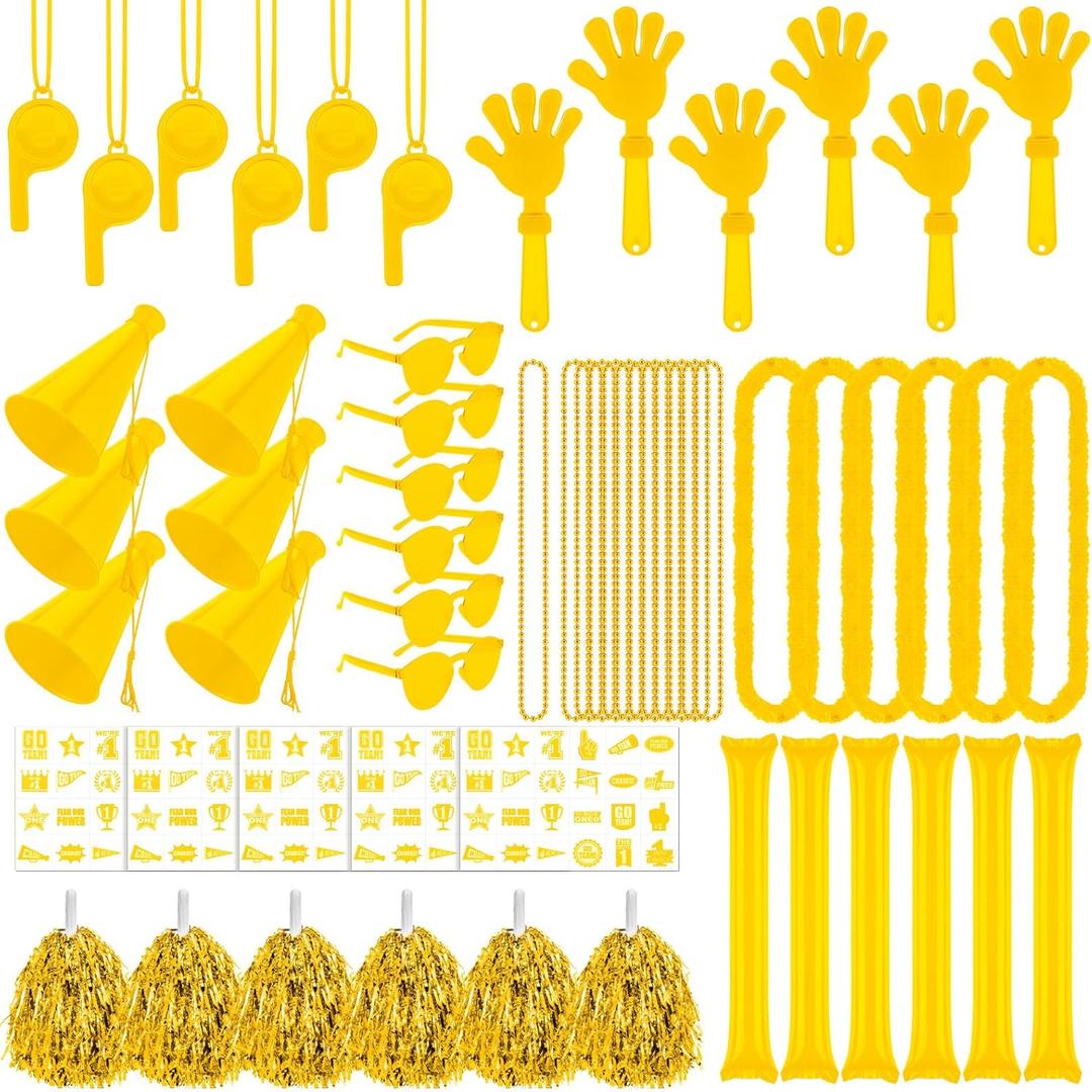 Soulchen 180 Pcs Yellow Team Spirit Accessories Bulk Spirit Day Pep Rally Accessories Sporting Events Party Cheerleading Pom Poms Hand Clappers Thunder Stick Whistle Megaphone