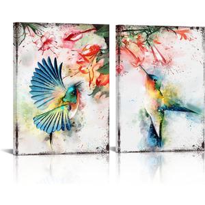 HOMEOART Hummingbirds Wall Art Bird with Flower Picture Canvas Print Framed Artwork Ready to Hang 12x16inchx2 Panels