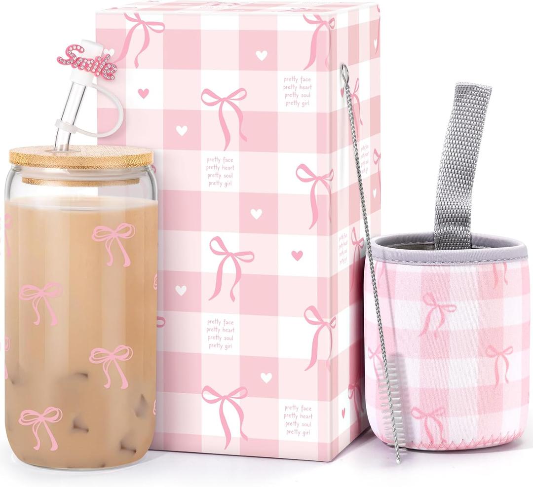 Dosuarue Coquette Cute Pink Bow Glass Cups with Lids and Straws, 16oz Aesthetic Iced Coffee Cup, Girly Preppy Design Tumbler Mug, Birthday Valentines Christmas Gifts Teen Girl Gifts Trendy Stuff