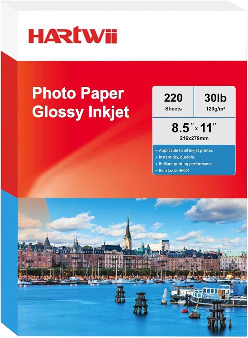 HARTWII 220 Sheets Inkjet Glossy Thin Paper 8.5x11 inch 30lb 120gsm A4 Letter Size For Brochure Printing, Custom Chip Bag Party Favors,Single Side, Suitable for All Dye Ink