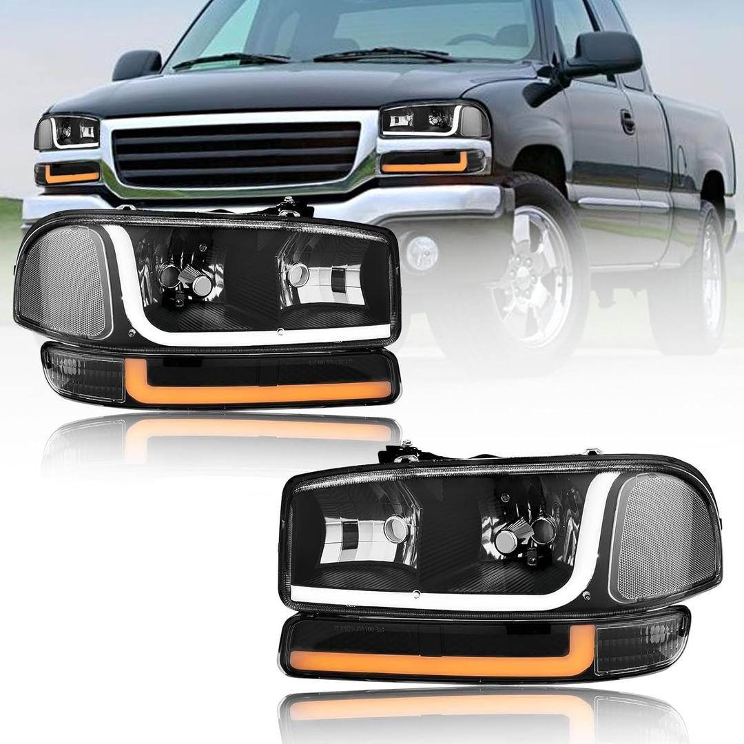 LED DRL Headlights Assembly for GMC Sierra 99-07/Yukon XL 1500 2500 00-06 Replacements Clear Reflector Black Housing