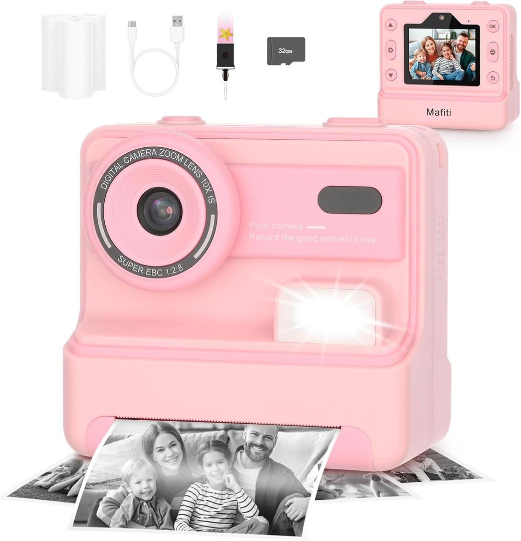 Mafiti Kids Camera Instant Print,1080P Selfie Digital Camera with 2.4 Inch Display 1200 mAh Battery,3-12 yrs Girls Boys Toys Gifts for Birthday/Xmas/Holiday,Pink