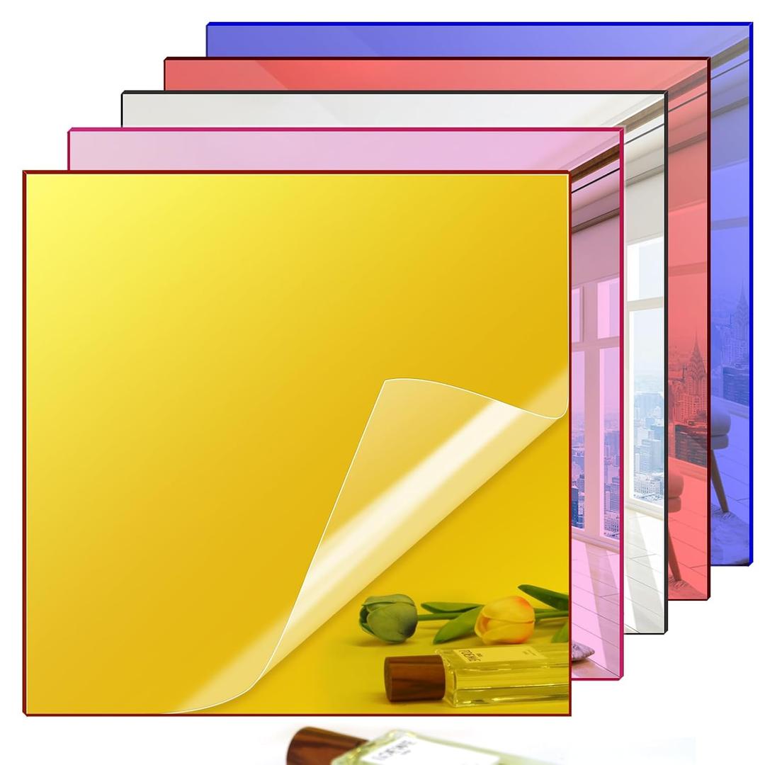 Adrattnay Acrylic Mirror Sheets 1/8, 5Pcs 12 x 12in Acrylic Mirror Sheets 3 mm for Laser Cutting, Red, Gold, Silver, Rose Gold, Blue Glossy Mirror Acrylic Sheet for DIY Crafts with Protective Film