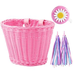 Bike Basket Kid Bicycle Basket Bike Accessories, 1pc Bicycle Bell with Stickers, 1pc Kid Bicycle Front Basket and 1pairs Colorful Ribbons Tassels Decoration for Girl Boy (Pink)