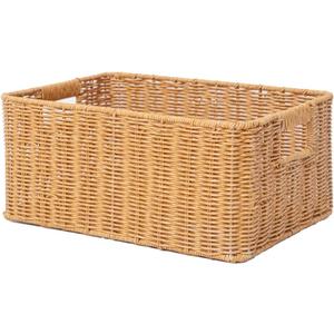 YRMT Rattan Storage Basket Pantry Basket with Built-in Handles Wicker Basket for Organizing Shelves Waterproof Woven Basket Nature (14"x10"x6.3")